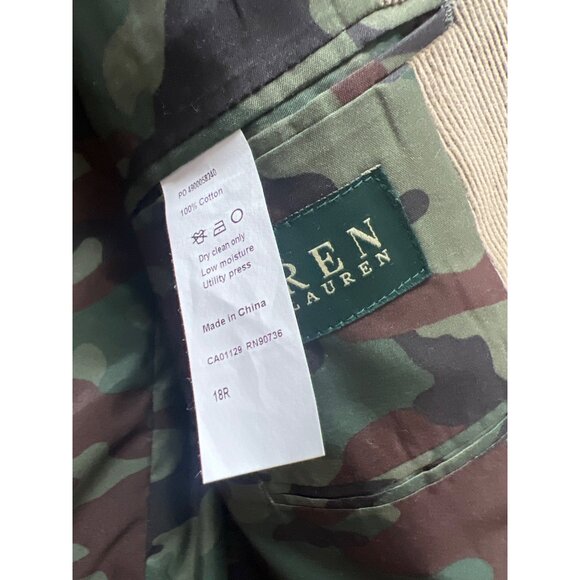 Lauren Ralph Lauren Tan Corduroy Blazer with Camo Lining & Elbow Patch - Picture 6 of 8